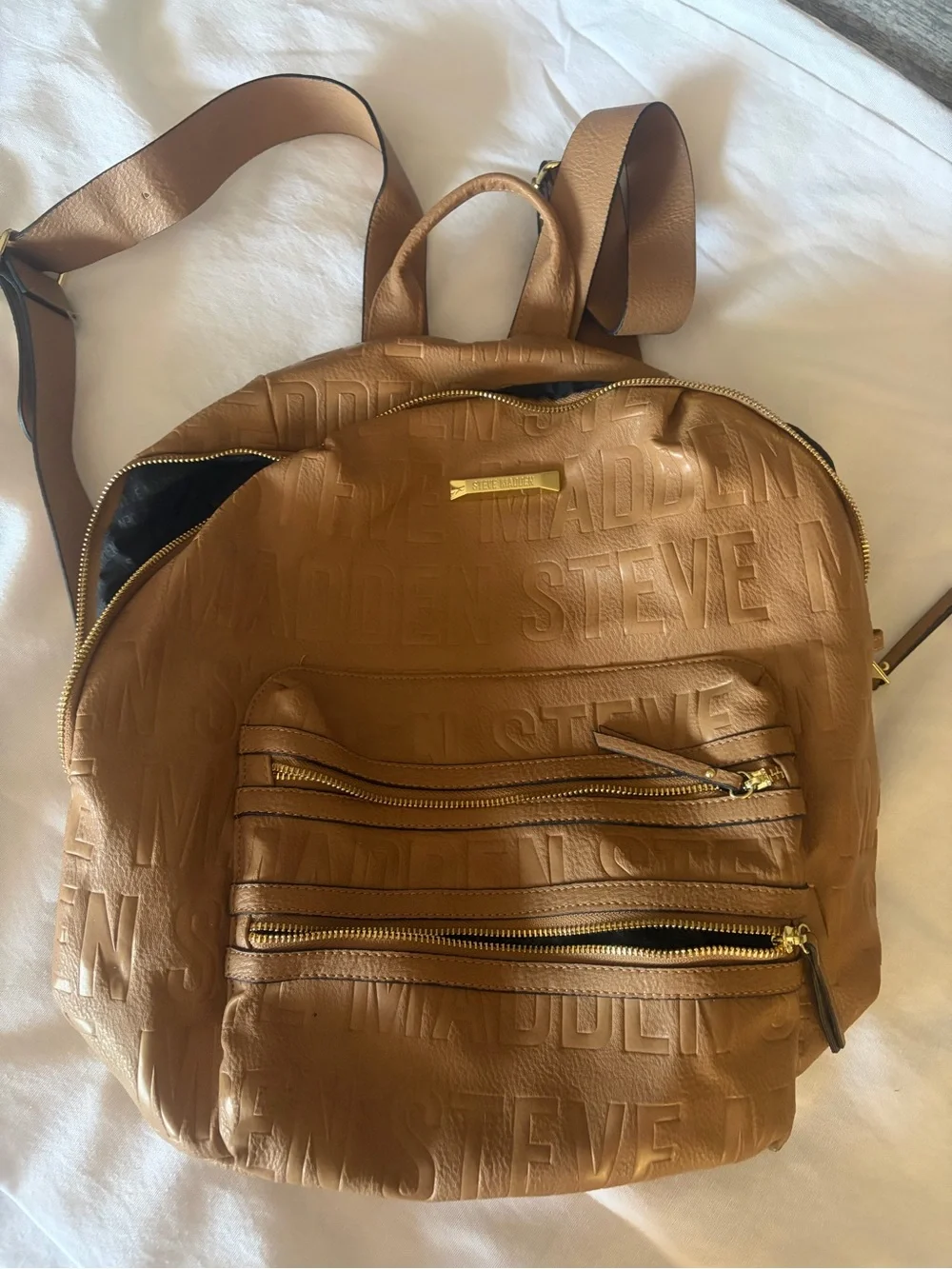Steve Madden Cognac Embossed Logo Backpack with Gold Hardware Vegan Leather